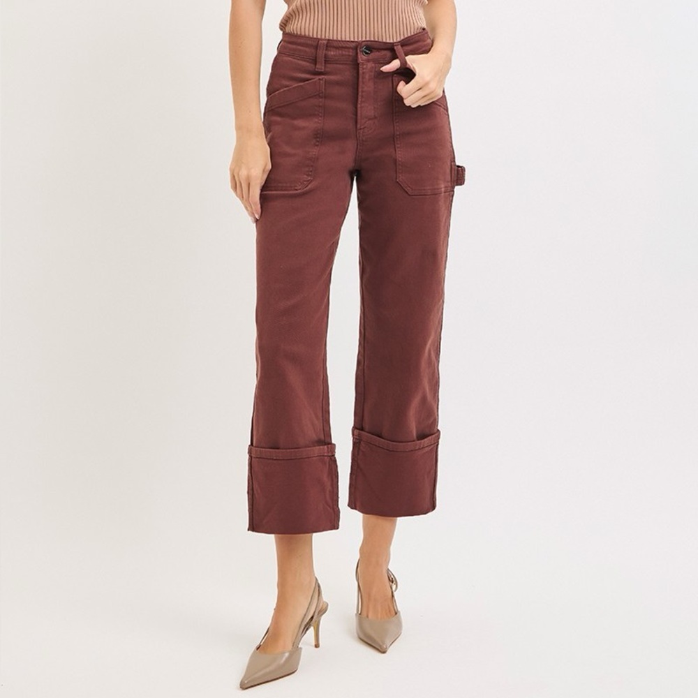 NWT Risen Plus + Reg Size Brown High Rise Cuffed Straight Leg Carpenter Jeans